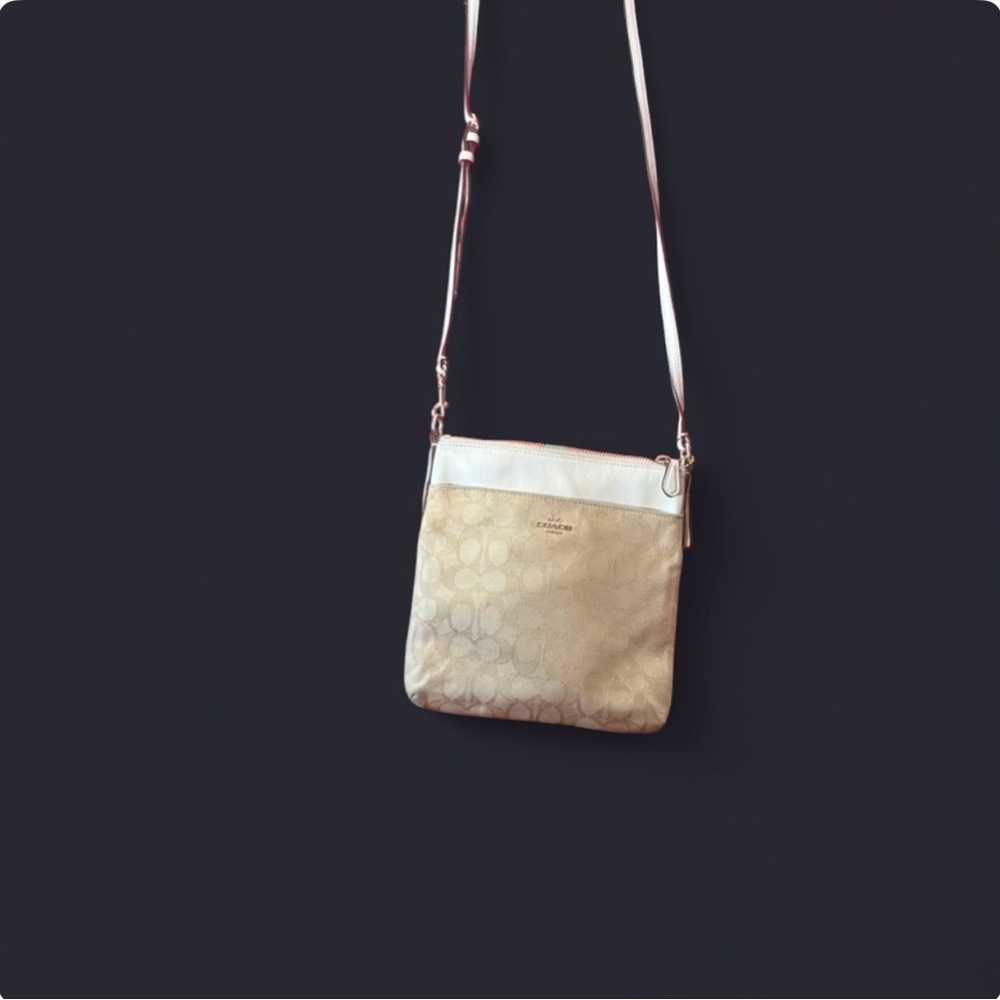Coach Signature Canvas Swingpack Crossbody Bag Khaki Cream White Leather